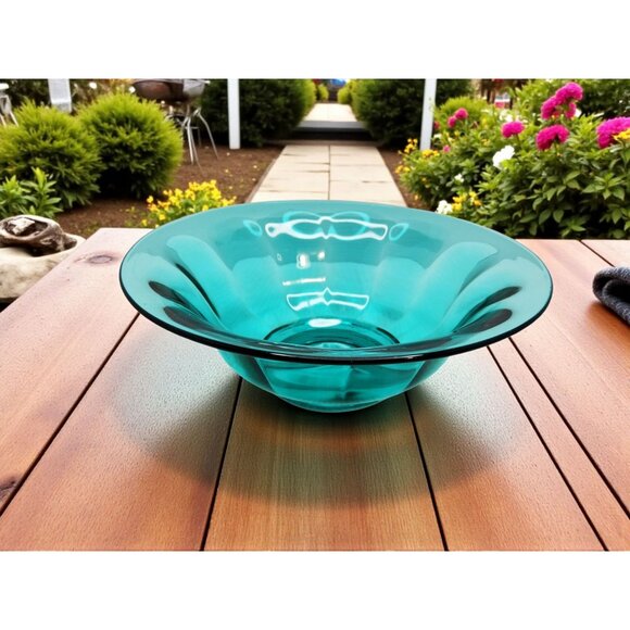 vintage turquoise flower petal design decorative glass bowl - Picture 4 of 11